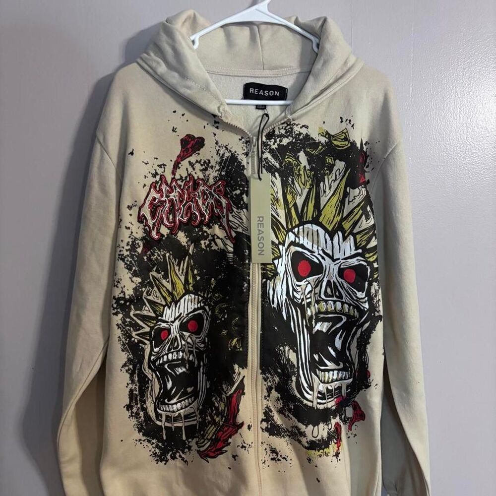 REASON NWT Punk Skull Graphic Zip-Up Hoodie Large Y2K Grunge Streetwear
